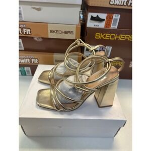 Rebecca Minkoff Jamie Sandals Womens 7.5 Gold Metallic Block Heel Strappy 0608